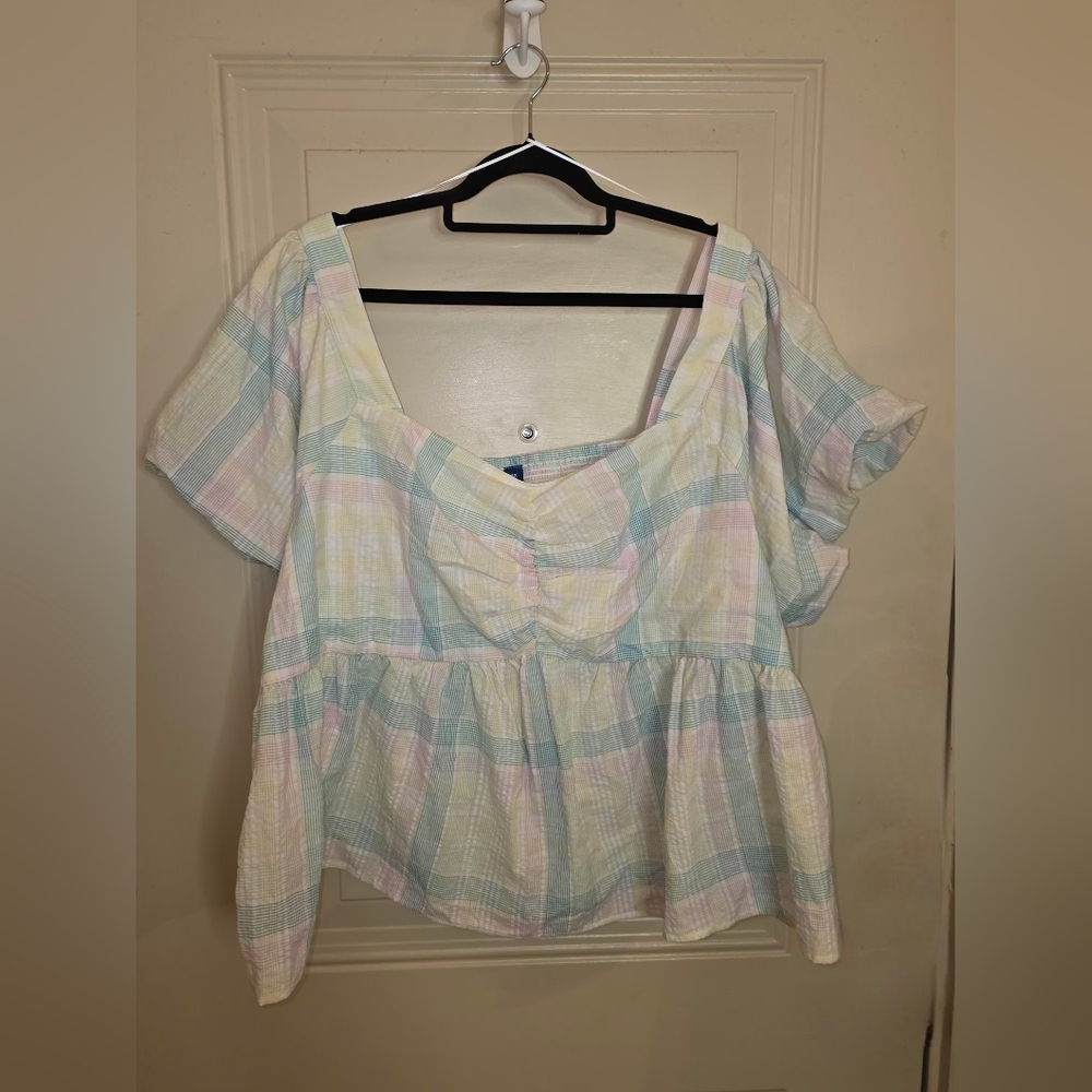 Pastel Plaid Peplum Boat Neck Line Top Plus 4x‎